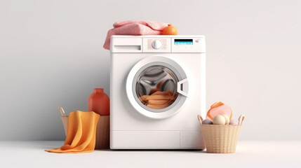 Towels with detergent and automatic washing machine on a white background with Ai Generated.