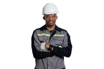 Portrait of African American male engineer worker standing on white background. Black male technician worker on white background