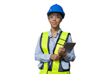 Happy woman engineer worker working with digital tablet on white background. Female technician wear safety helmet, glasses and uniform checking and working on white background - Powered by Adobe