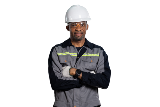 Portrait of African American male engineer worker standing on white background. Black male technician worker on white background