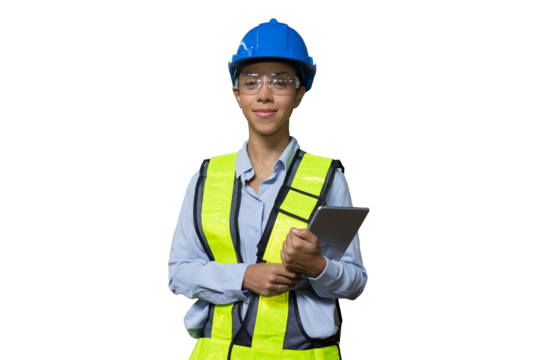 Happy woman engineer worker working with digital tablet on white background. Female technician wear safety helmet, glasses and uniform checking and working on white background
