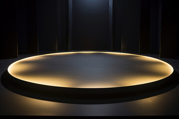 a circular platform podium with golden neon light on dark background. Created with Generative AI Technology