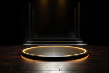 a circular platform podium with golden neon light on dark background. Created with Generative AI Technology