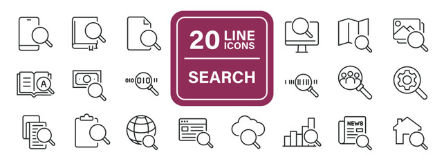 Search thin line icons. Editable stroke. For website marketing design, logo, app, template, ui, etc. Vector illustration.