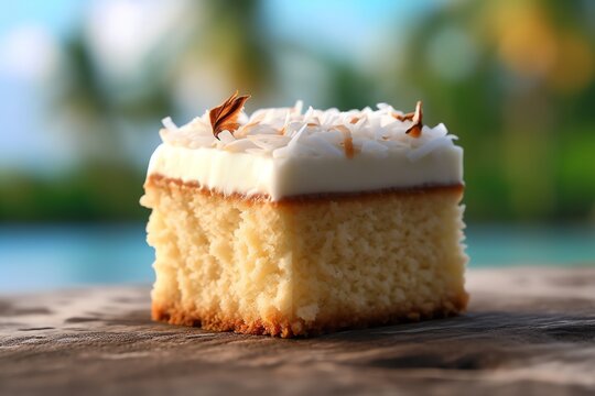 Moist coconut cake on a palm leaf. generative AI