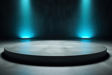 a circular platform podium with blue neon light on dark background. Created with Generative AI Technology