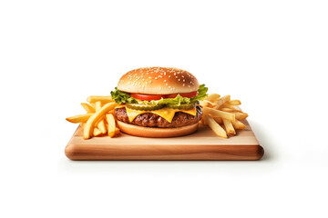 Closeup of a delicious cheeseburger with french fries on a wooden board isolated on white background. Created with Generative AI Technology