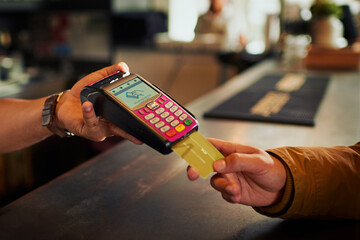 Debit card, point of sale and hands of coffee shop people, cashier or barista with easy fintech...