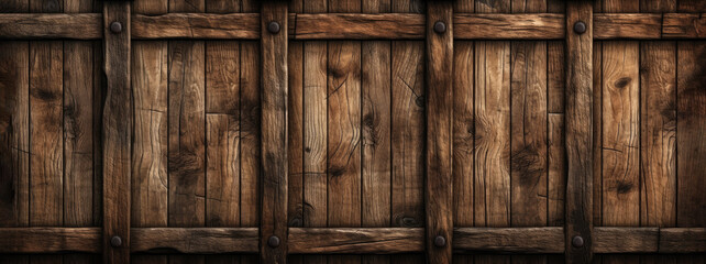 Medevil style old wooden wall,  with reinforcing braces and iron rivets. Rustic wood abstract background. Wide format, hand edited generative AI.