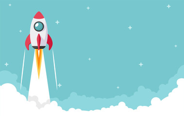 Cartoon Rocket Ship soars above the cloud at power speed. Startup Project New Business idea concept for presentation, banner, poster, web, and background. Vector illustration Flat design.