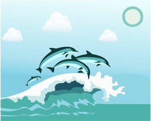 Dolphins jumping over breaking waves. dolphins jumping out of sea with clear blue water on sunny day.Illustration of Dolphin cartoon on sea background
