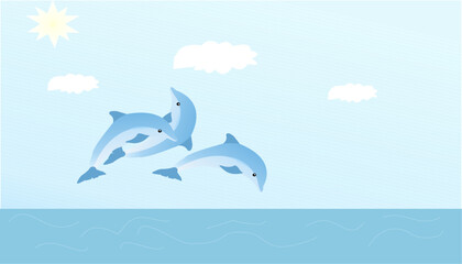 Dolphins jumping over breaking waves. dolphins jumping out of sea with clear blue water on sunny day.Illustration of Dolphin cartoon on sea background
