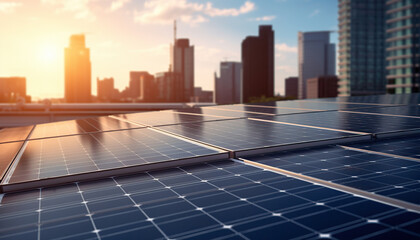 photovoltaic solar panels in front of city