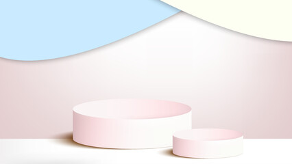 3D Pedestal of Platform display with modern pink stand podium on white platform and pastel blue pastel yellow backdrops