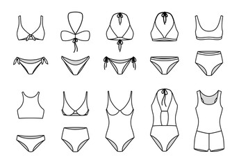 Line icon women's one piece swimsuit and bikini vector illustrations, front view, white color, editable mockup. - obrazy, fototapety, plakaty