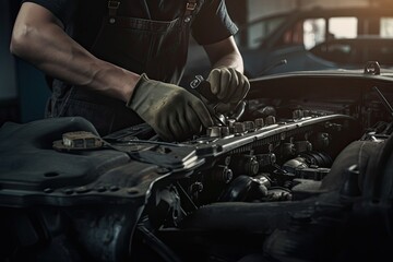 Fototapeta na wymiar Professional mechanic working in auto repair shop. Car service and maintenance concept