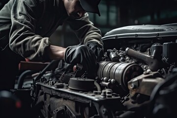 Professional mechanic working in auto repair shop. Car service and maintenance concept