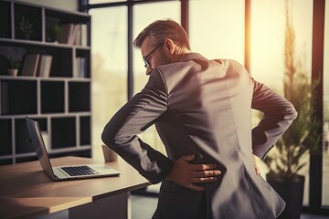 Fototapeta premium Businessman suffering from back pain in office. Toned image