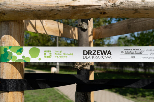 Municipal Greenery Authority in Krak&oacute;w logo sign. Tape on a newly planted tree, as part of the ecological program Trees For Cracow by ZZM Zarząd Zieleni Miejskiej on May 1, 2022 in Krakow, Poland.