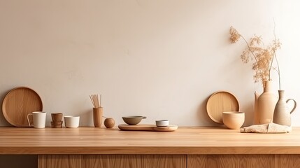 Fototapeta na wymiar Interior of modern kitchen with white walls, wooden countertops, round wooden bowls with dried flowers and clocks. 3d rendering 