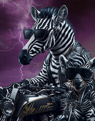 Zebra and Cub Riding A Motorcycle in A Storm Fantasy Design Generative AI illustrations