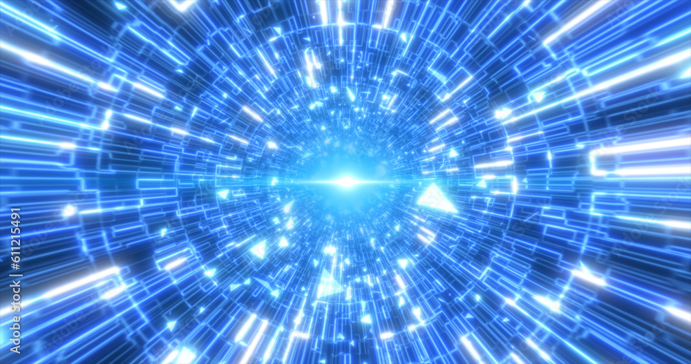 Poster abstract blue glowing neon laser tunnel futuristic hi-tech with energy lines and flying shards of pa