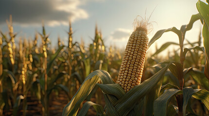 An ear of corn in a cornfield in the rays of light, generative ai, 8k