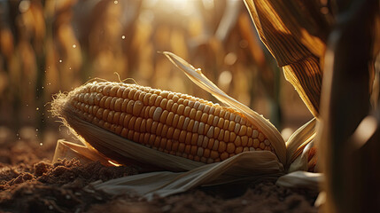 An ear of corn in a cornfield in the rays of light, generative ai, 8k
