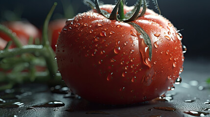 Juicy tomato with water drops on the table, generative ai, 8k