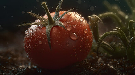 Tomato with water drops on the ground, generative ai, 8k