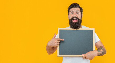 bearded man offer advertisement isolated on yellow, banner. man offer advertisement