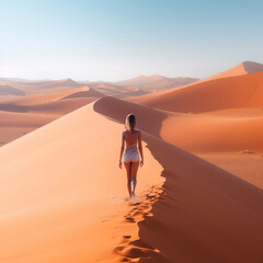 Fototapeta na wymiar A relaxing summer concept with a beautiful woman in the desert. Sunny day.