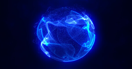 Abstract blue energy sphere of particles and waves of magical glowing on a dark background