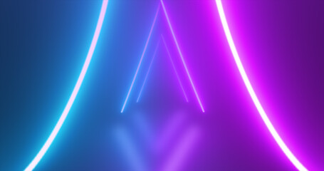 Abstract triangle tunnel neon blue and purple energy glowing from lines background