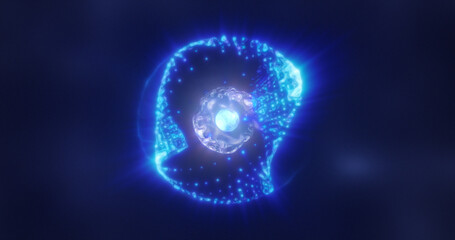 Abstract blue energy sphere with flying glowing bright particles, science futuristic atom with electrons hi-tech background