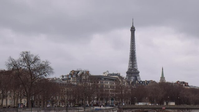Famous Eiffel Tower On A Gloomy Day In the City Of Paris, France. - wide