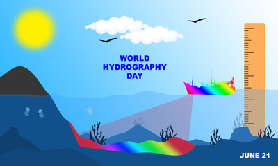 Naklejka premium a ship measuring and charting the depths of the ocean with outline icons and an underwater scene on a sunny day. commemorate WORLD HYDROGRAPHY DAY on June 21 