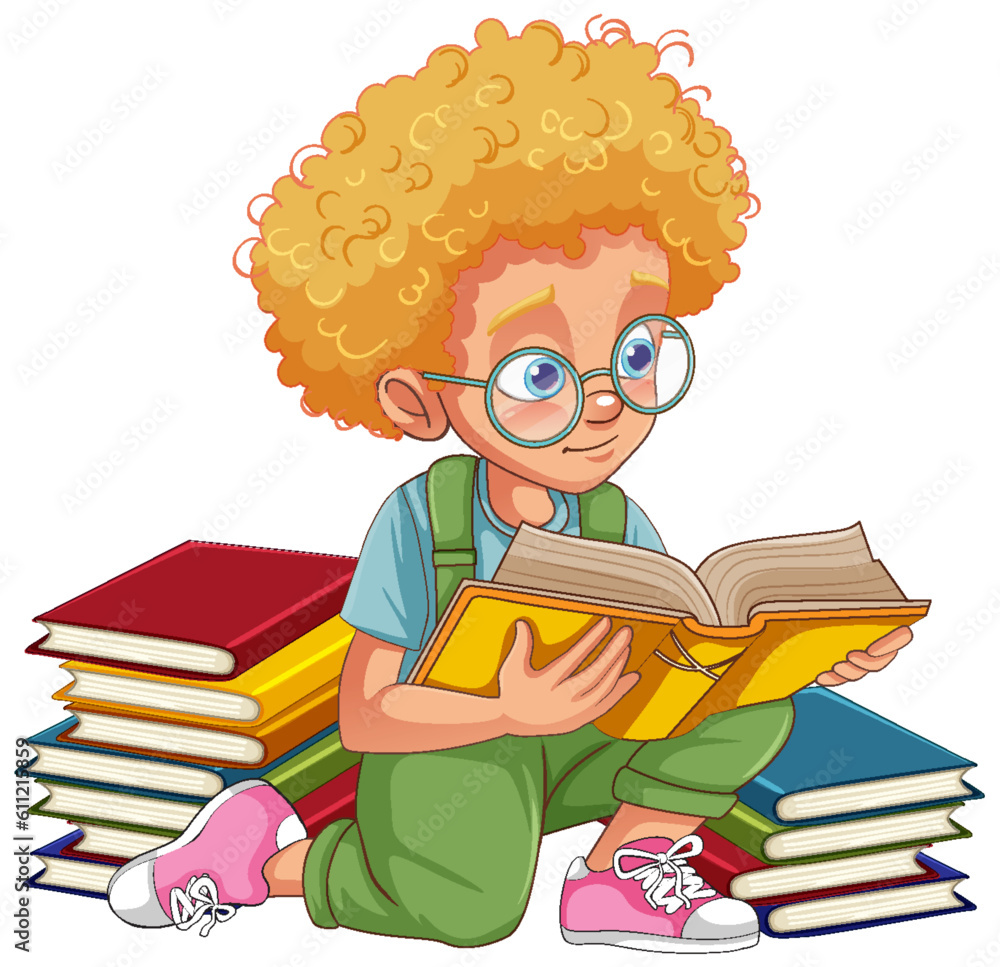 Wall mural Boy with curly hair reading a book