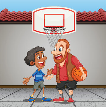 Middle age man playing basketball with a boy