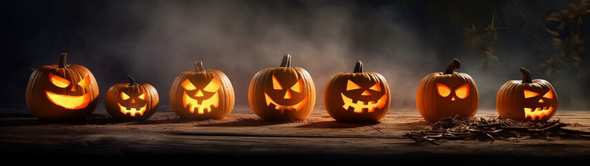 Halloween pumpkin faces on wood background Generative AI