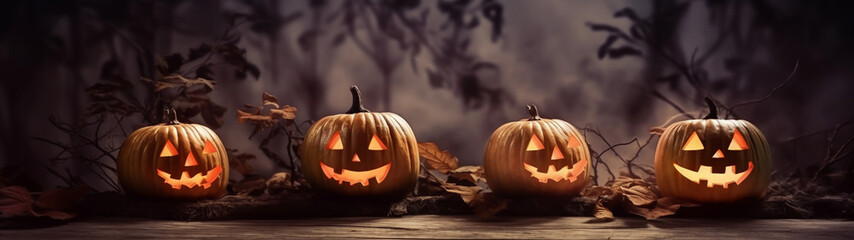 Halloween pumpkin faces on wood background Generative AI