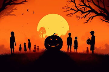 Halloween pumpkin faces on wood background Generative AI