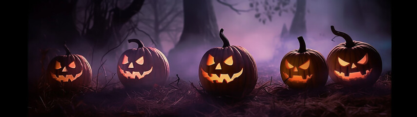 Halloween pumpkin faces on wood background Generative AI