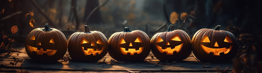 Halloween pumpkin faces on wood background Generative AI