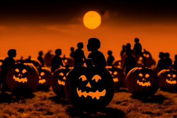 Halloween pumpkin faces on wood background Generative AI