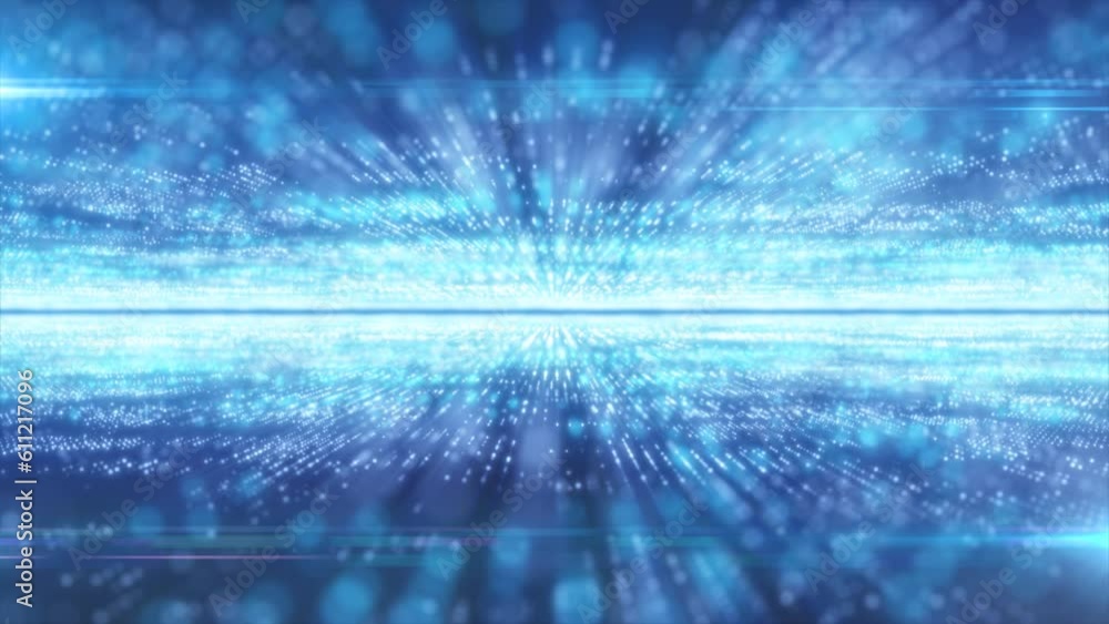 Poster abstract blue energy hi-tech lines and digital particles fly in a tunnel with bokeh effect glowing b
