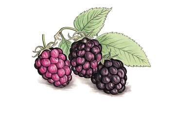 Blackberry with leaves isolated solid Background Illustration. Generative AI - obrazy, fototapety, plakaty