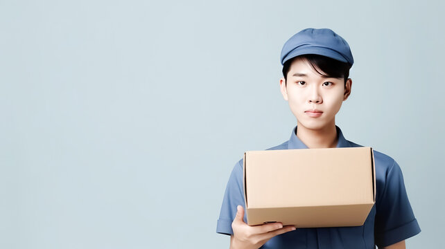 Delivery service worker, Asian man in a special uniform with a cardboard box on a blue background, copy space Generative AI