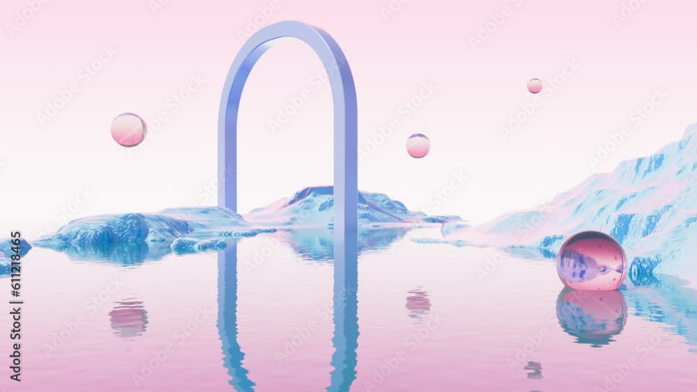 Poster abstract frame arch and spheres with water surface and mountains video, 3d rendering.