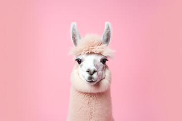 Obraz premium fluffy pink fur llama portrait on a pink background created with AI generative tools